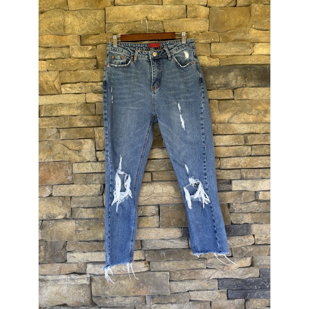 Signature 8 Medium Wash‎ Denim High Waisted Button Fly Distressed Mom Jeans